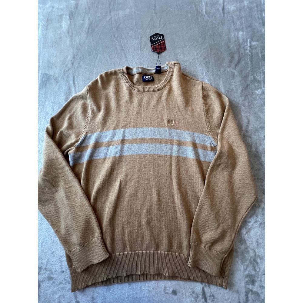 Chaps Sweater Mens XL Tan Gray Striped Crewneck Cotton Long Sleeve Pullover NWT